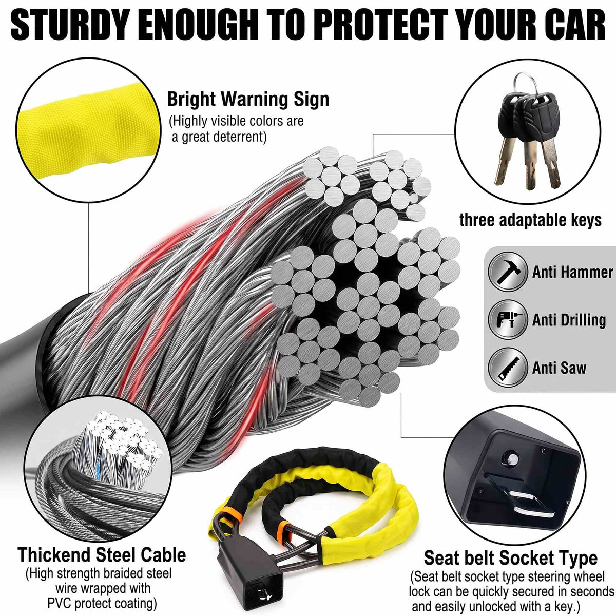 Sogo Car Steering Wheel Seat Belt Wire Lock -Universal